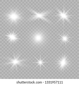 Glow isolated white transparent light effect set, lens flare, explosion, glitter, line, sun flash, spark and stars.