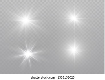 Glow isolated white transparent light effect set, lens flare, explosion, glitter, line, sun flash, spark and stars.