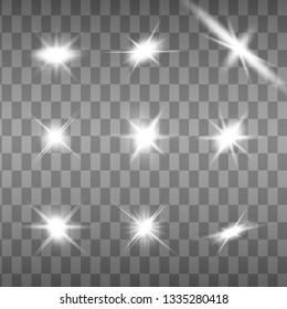 Glow isolated white transparent light effect set, lens flare, explosion, glitter, line, sun flash, spark and stars. Abstract special effect element design.