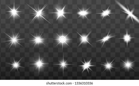 Glow isolated white transparent light effect set, lens flare, explosion, glitter, line, sun flash, spark and stars. Abstract special effect element design.