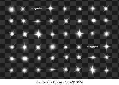 Glow isolated white transparent light effect set, lens flare, explosion, glitter, line, sun flash, spark and stars. Abstract special effect element design.