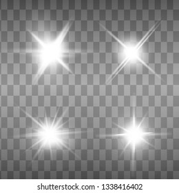 Glow isolated white transparent light effect set, lens flare, explosion, glitter, line, sun flash, spark and stars. Abstract special effect element design.