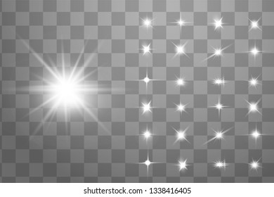 Glow isolated white transparent light effect set, lens flare, explosion, glitter, line, sun flash, spark and stars. Abstract special effect element design.