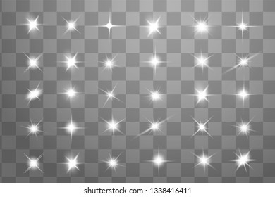 Glow isolated white transparent light effect set, lens flare, explosion, glitter, line, sun flash, spark and stars. Abstract special effect element design.