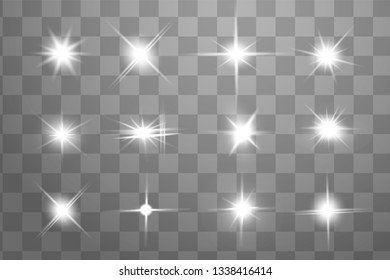 Glow isolated white transparent light effect set, lens flare, explosion, glitter, line, sun flash, spark and stars. Abstract special effect element design.