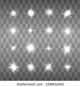 Glow isolated white transparent light effect set, lens flare, explosion, glitter, line, sun flash, spark and stars. Abstract special effect element design.