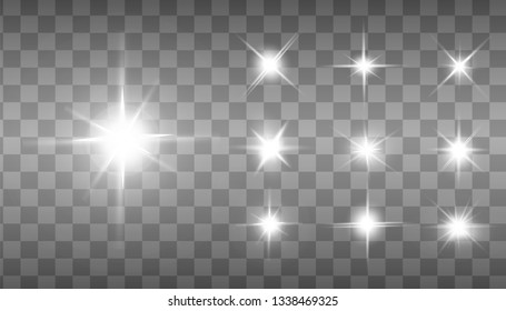 Glow isolated white transparent light effect set, lens flare, explosion, glitter, line, sun flash, spark and stars. Abstract special effect element design.