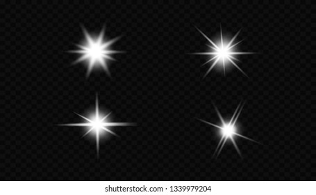 Glow isolated white transparent light effect set, lens flare, explosion, glitter, line, sun flash, spark and stars. Abstract special effect element design.