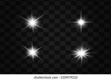 Glow isolated white transparent light effect set, lens flare, explosion, glitter, line, sun flash, spark and stars. Abstract special effect element design.
