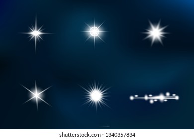 Glow isolated white transparent light effect set, lens flare, explosion, glitter, line, sun flash, spark and stars. Abstract special effect element design.