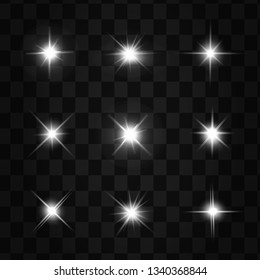 Glow isolated white transparent light effect set, lens flare, explosion, glitter, line, sun flash, spark and stars. Abstract special effect element design.
