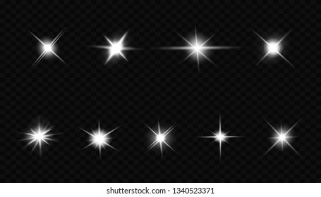 Glow isolated white transparent light effect set, lens flare, explosion, glitter, line, sun flash, spark and stars. Abstract special effect element design.