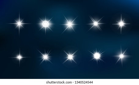Glow isolated white transparent light effect set, lens flare, explosion, glitter, line, sun flash, spark and stars. Abstract special effect element design.