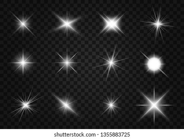 Glow isolated white transparent light effect set, lens flare, explosion, glitter, line, sun flash, spark and stars. Abstract special effect element design.