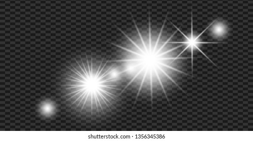 Glow isolated white transparent light effect set, lens flare, explosion, glitter, line, sun flash, spark and stars. Abstract special effect element design