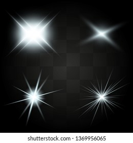 Glow isolated white transparent light effect set, lens flare, explosion, glitter, line, sun flash, spark and stars. Abstract special effect element design.