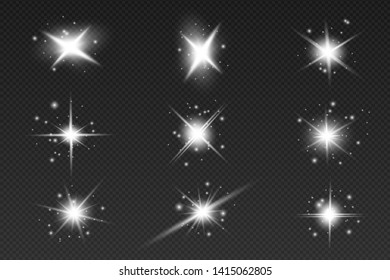 Glow isolated white transparent light effect set, lens flare, explosion, glitter, line, sun flash, spark and stars. Abstract special effect element design.