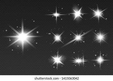 Glow isolated white transparent light effect set, lens flare, explosion, glitter, line, sun flash, spark and stars. Abstract special effect element design.