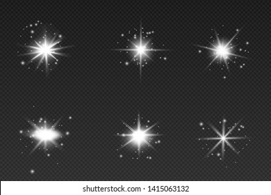 Glow isolated white transparent light effect set, lens flare, explosion, glitter, line, sun flash, spark and stars. Abstract special effect element design.