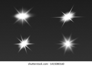 Glow isolated white transparent light effect set, lens flare, explosion, glitter, line, sun flash, spark and stars. Abstract special effect element design.