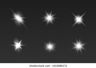 Glow isolated white transparent light effect set, lens flare, explosion, glitter, line, sun flash, spark and stars. Abstract special effect element design.