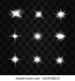 Glow isolated white transparent light effect set, lens flare, explosion, glitter, line, sun flash, spark and stars. Abstract special effect element design.