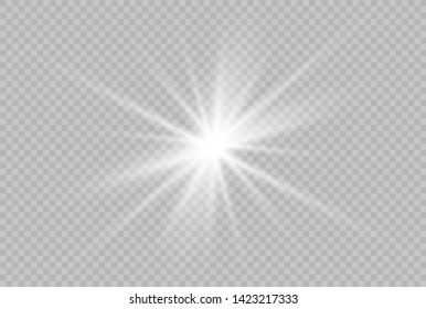 Glow isolated white transparent light effect set, lens flare, explosion, glitter, line, sun flash, spark and stars.