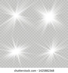 Glow isolated white transparent light effect set, lens flare, explosion, glitter, line, sun flash, spark and stars.