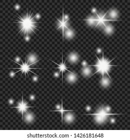 Glow isolated white transparent light effect set, lens flare, explosion, glitter, line, sun flash, spark and stars. Abstract special effect element design