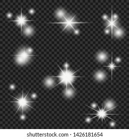 Glow isolated white transparent light effect set, lens flare, explosion, glitter, line, sun flash, spark and stars. Abstract special effect element design