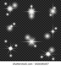 Glow isolated white transparent light effect set, lens flare, explosion, glitter, line, sun flash, spark and stars. Abstract special effect element design