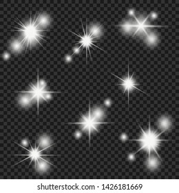 Glow isolated white transparent light effect set, lens flare, explosion, glitter, line, sun flash, spark and stars. Abstract special effect element design