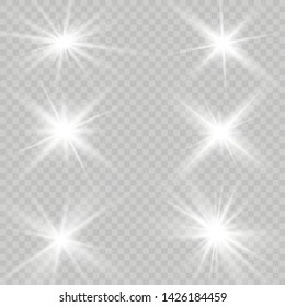 Glow isolated white transparent light effect set, lens flare, explosion, glitter, line, sun flash, spark and stars.
