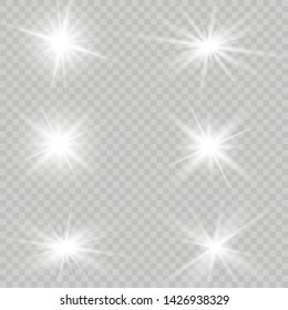 Glow isolated white transparent light effect set, lens flare, explosion, glitter, line, sun flash, spark and stars.