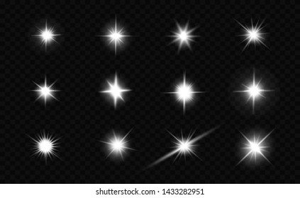 Glow isolated white transparent light effect set, lens flare, explosion, glitter, line, sun flash, spark and stars. Abstract special effect element design.