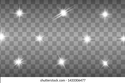 Glow isolated white transparent light effect set, lens flare, explosion, glitter, line, sun flash, spark and stars. Abstract special effect element design.