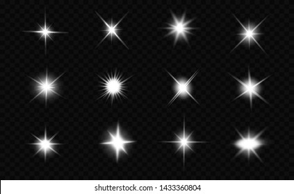 Glow isolated white transparent light effect set, lens flare, explosion, glitter, line, sun flash, spark and stars. Abstract special effect element design.