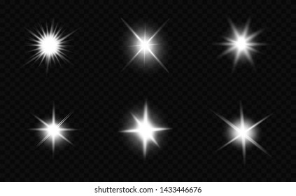 Glow isolated white transparent light effect set, lens flare, explosion, glitter, line, sun flash, spark and stars. Abstract special effect element design.