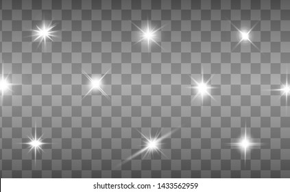 Glow isolated white transparent light effect set, lens flare, explosion, glitter, line, sun flash, spark and stars. Abstract special effect element design.