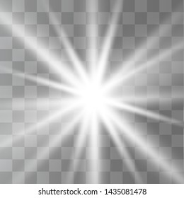 Glow isolated white transparent light effect set, lens flare, explosion, glitter, line, sun flash, spark and stars.