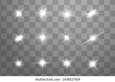 Glow isolated white transparent light effect set, lens flare, explosion, glitter, line, sun flash, spark and stars. Abstract special effect element design.
