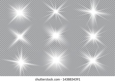 Glow isolated white transparent light effect set, lens flare, explosion, glitter, line, sun flash, spark and stars.