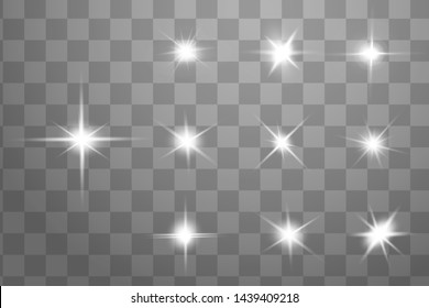 Glow isolated white transparent light effect set, lens flare, explosion, glitter, line, sun flash, spark and stars. Abstract special effect element design.