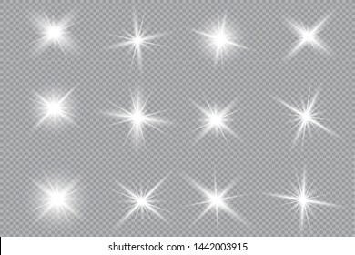 Glow isolated white transparent light effect set, lens flare, explosion, glitter, line, sun flash, spark and stars.