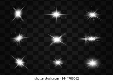 Glow isolated white transparent light effect set, lens flare, explosion, glitter, line, sun flash, spark and stars. Abstract special effect element design.