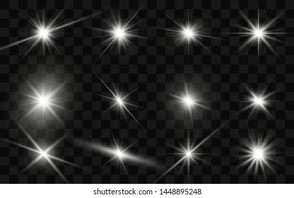 Glow isolated white transparent light effect set, lens flare, explosion, glitter, line, sun flash, spark and stars. Abstract special effect element design.