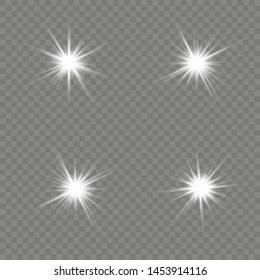 Glow isolated white transparent light effect set, lens flare, explosion, glitter, line, sun flash, spark and stars.