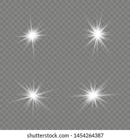 Glow isolated white transparent light effect set, lens flare, explosion, glitter, line, sun flash, spark and stars.