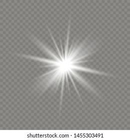 Glow isolated white transparent light effect set, lens flare, explosion, glitter, line, sun flash, spark and stars.