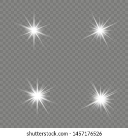 Glow isolated white transparent light effect set, lens flare, explosion, glitter, line, sun flash, spark and stars.